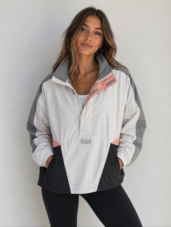 Hollister Jackets & Blazers - Hollister Womans Colorblock Anorak Jacket - White, Gray & Peach